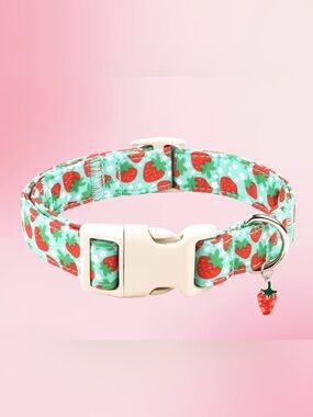 Strawberry Print Dog Collar - Mint Green. Sizes M & L